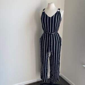 NO BOUNDARIES Jumpsuit Womens Sz Medium Black White Striped Coastal Boho